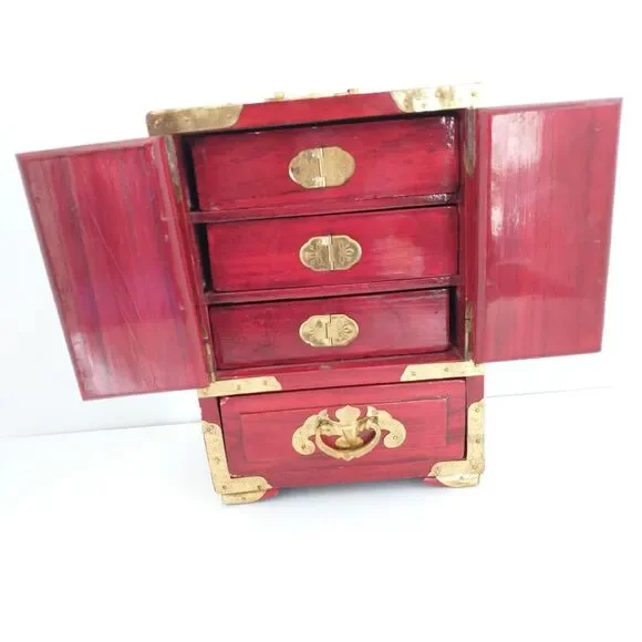 Vintage Chinese Rosewood Jewelry Box Ornate Brass Jade Inlay